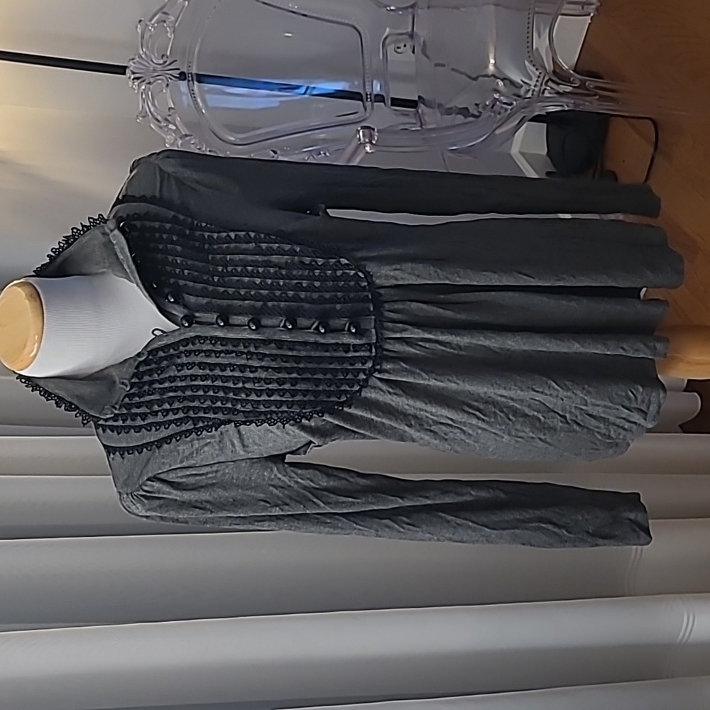 Plenty by Tracy Reese Top Blouse Grey Ruffles Button Up Soft High Collar